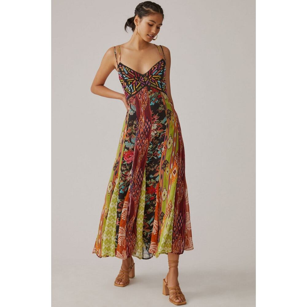 Anthropologie Boho Multi Print V-Neck Maxi Dress Size US 2 - Picture 2 of 11